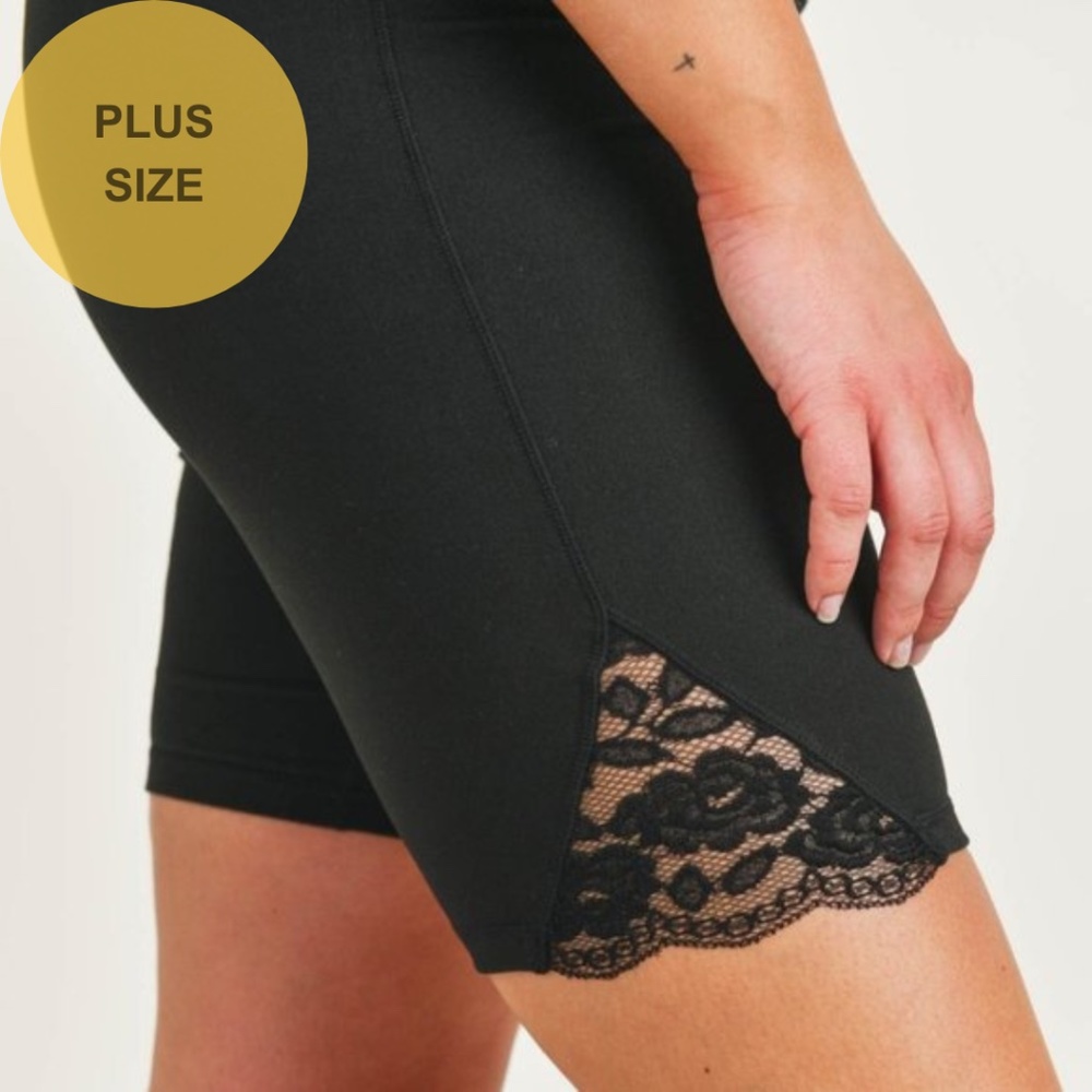 Plus Size Black Biker Shorts with Triangle Lace Detail